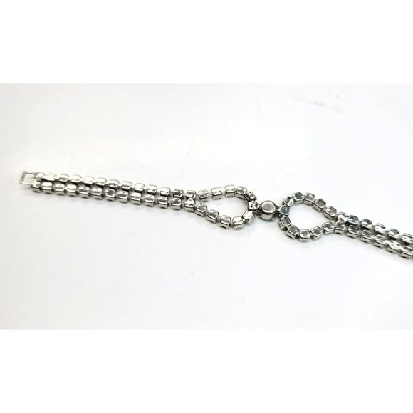 Vintage Rhinestone Bracelet With Blue Gemstone Centerpiece Double Strand LI111 - Picture 5 of 5